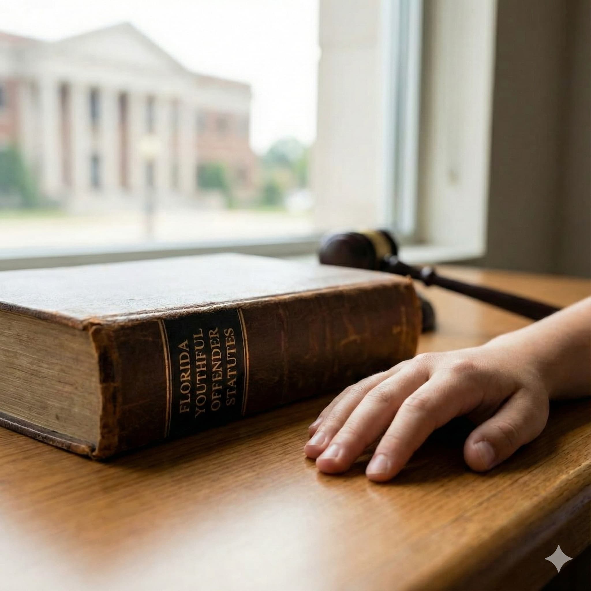 Child's hand on a table with a law book and a gavel