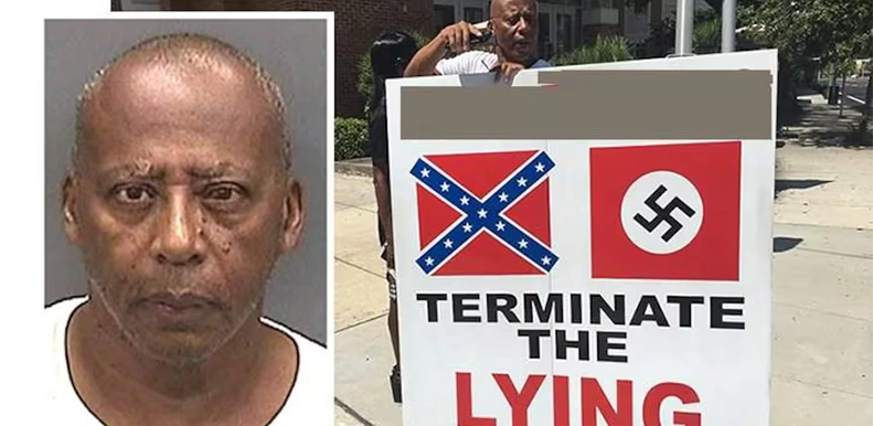 Photo of Tony Daniels and a board containing Nazi and confederate emblems.