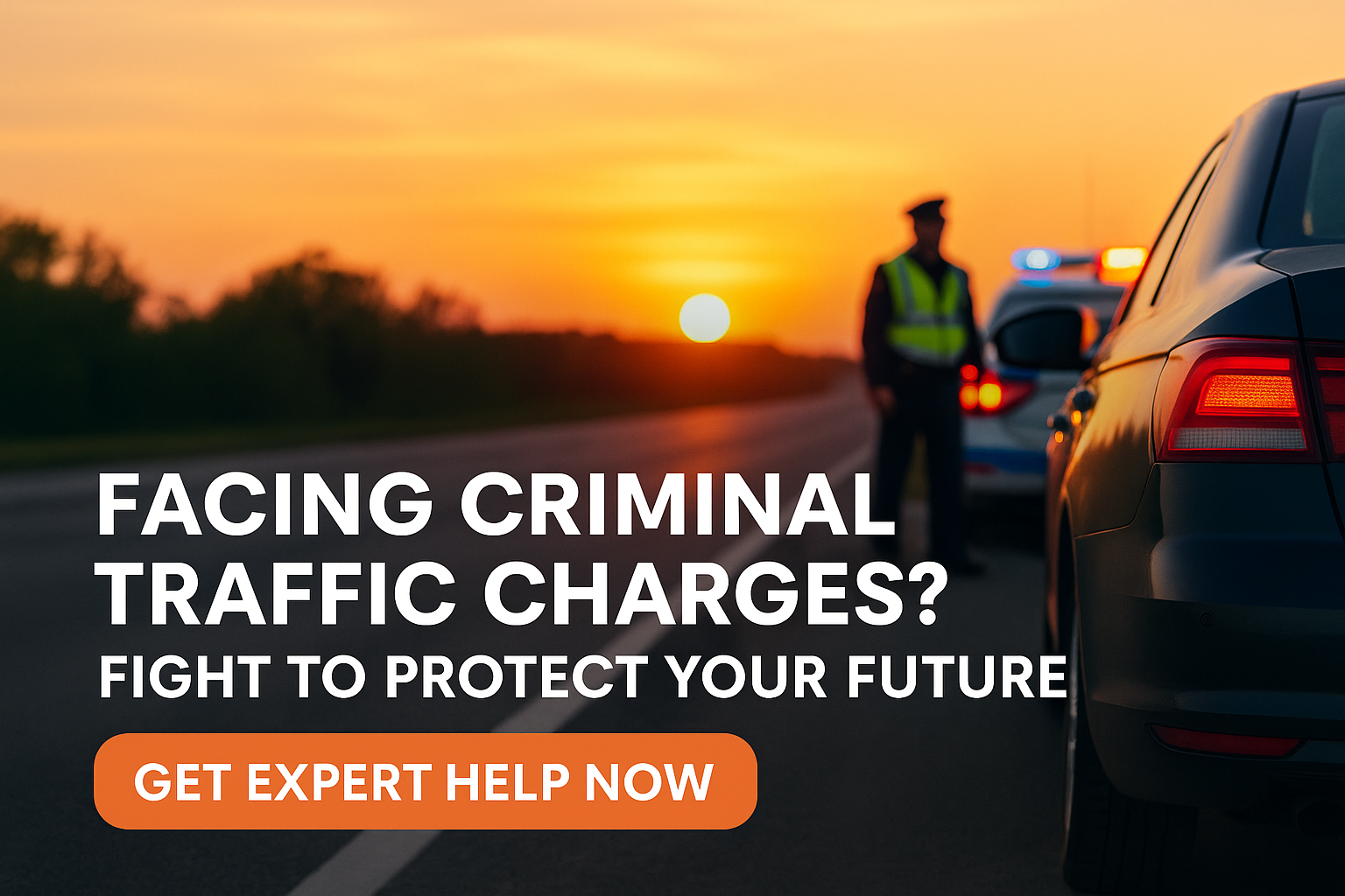 Police officer out with a car he pulled over with the sun in the background. Text: "Facing Criminal Traffic Charges? Fight to Protect Your Future"