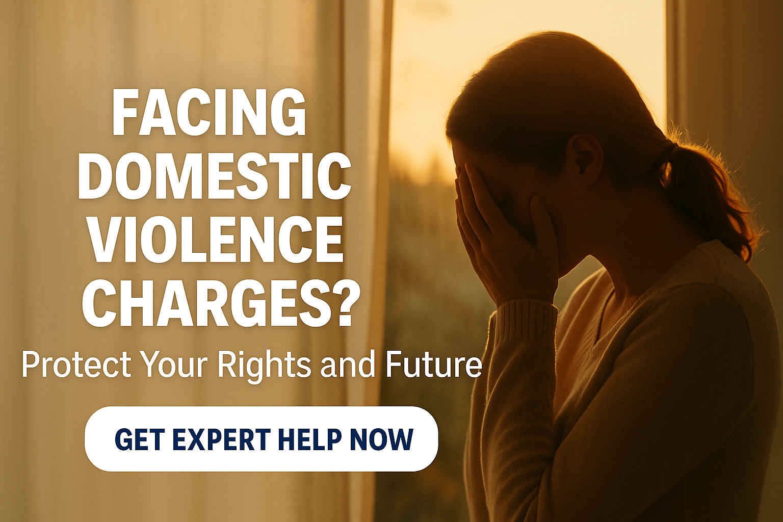 Lady crying in the window with the sun in the background and the text: "Facing Domestic Violence Charges? Protect Your Rights and Future"