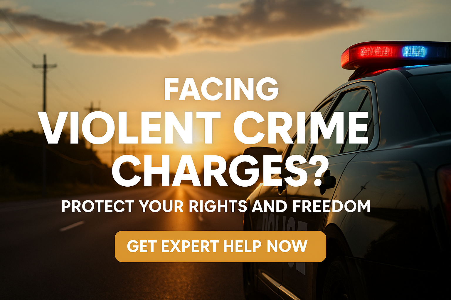 Picture of side of police car in the sun with the text "Facing Violent Crime Charges? Protect Your Rights and Freedom"