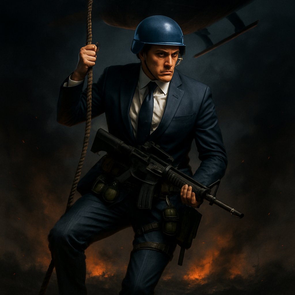 Lawyer in combat wearing a suit and military garb