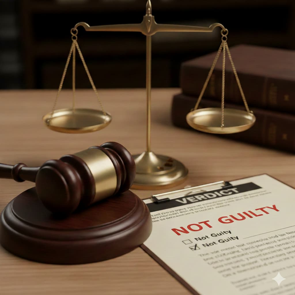 Scale of Justice, Gavel and verdict form showing not guilty verdict