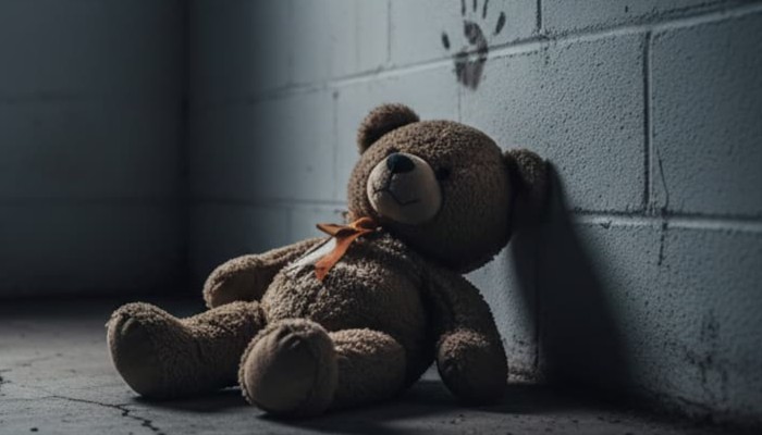 Teddy bear sitting in a dark room and dirty hand print on the wall