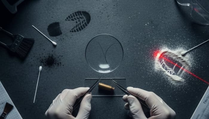 Gloved hands analyzing different types of forensic science