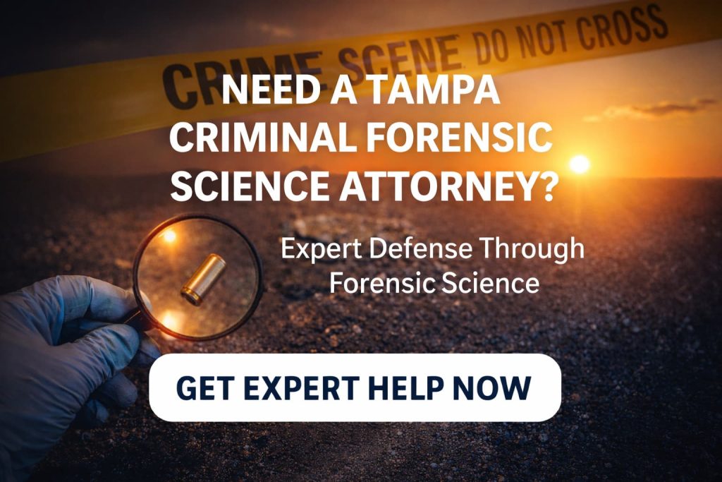The sun shining on forensic evidence with the words "need a Tampa criminal forensic science attorney?"