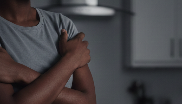 Woman in a dark room, her hands grabbing her arms crossed style