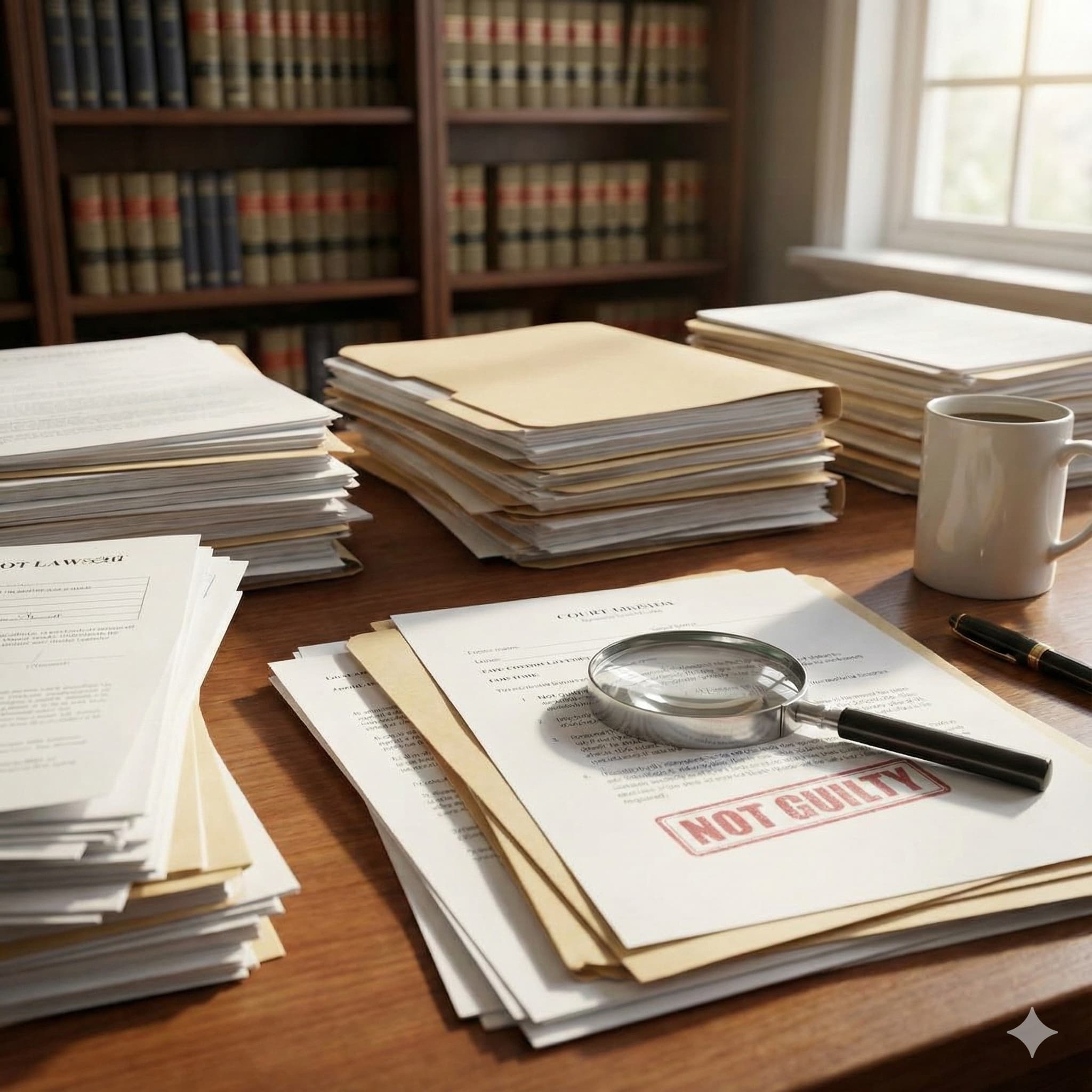 Paper trial documents on a desk with a magnifying glass