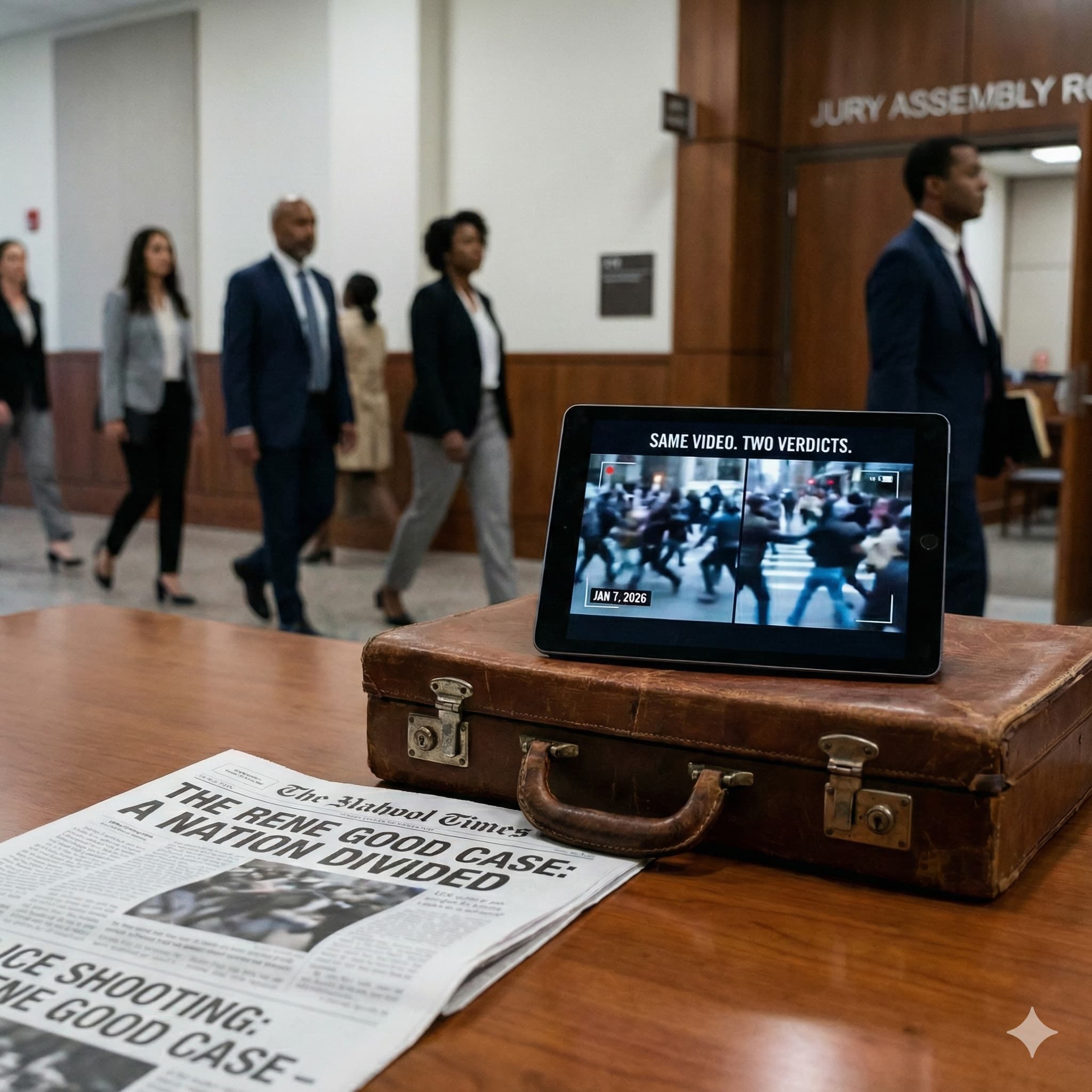 Newspaper Headline Rene Good Case and jurors walking