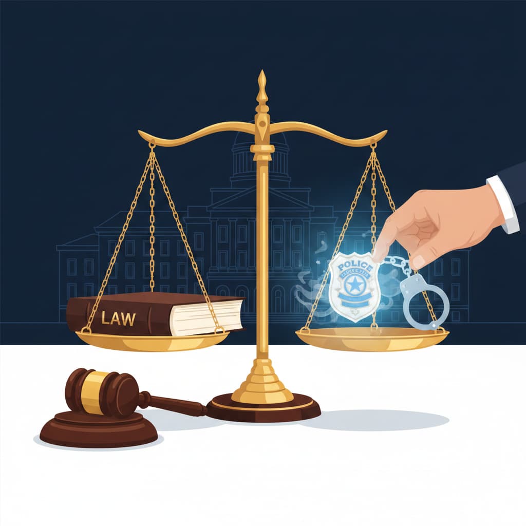 scale of justice weighing the law against the badge and cuffs