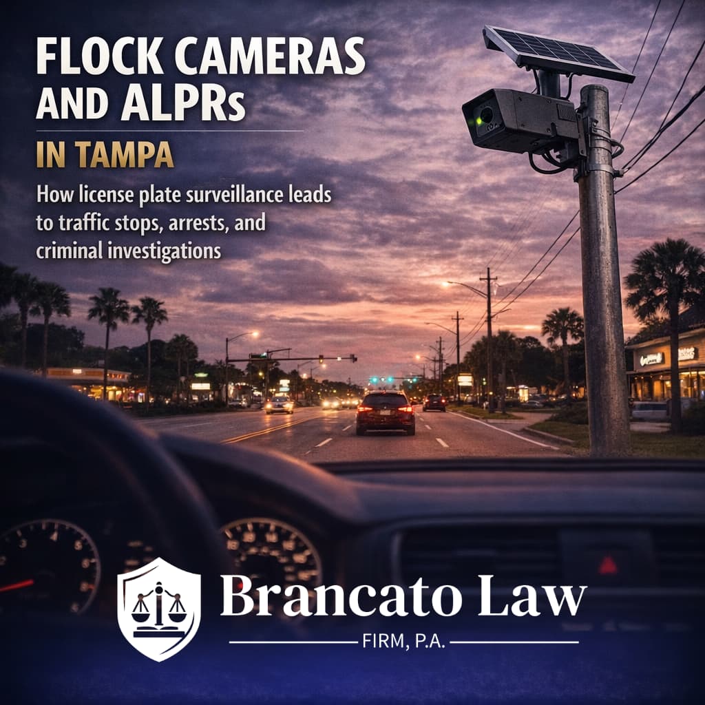 Featured image for a guide on Flock Safety cameras and automated license plate readers in Tampa by criminal defense attorney Rocky Brancato of The Brancato Law Firm, P.A. A driver's perspective through a windshield at dusk showing a small solar-powered ALPR camera mounted on a utility pole alongside a typical Florida suburban road, representing the expanding surveillance network that captures license plate data on every passing vehicle in Hillsborough County.