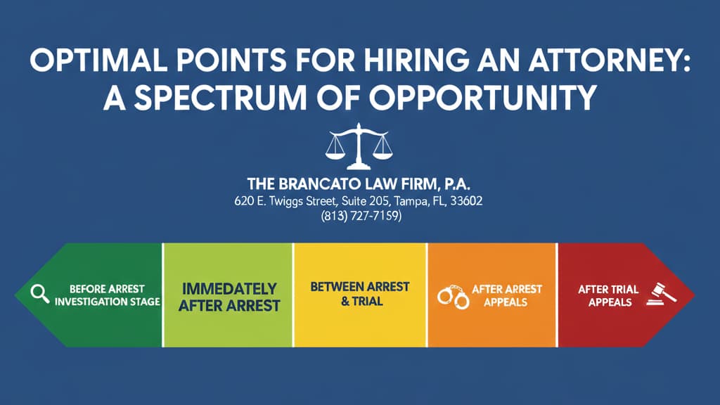 Infographic titled "Optimal Points for Hiring an Attorney" by The Brancato Law Firm. A color-coded spectrum from green to red shows that hiring a lawyer during the investigation or immediately after arrest is the most optimal stage. The scale moves through yellow and orange for the period between arrest and trial, ending in red for after trial/appeals.