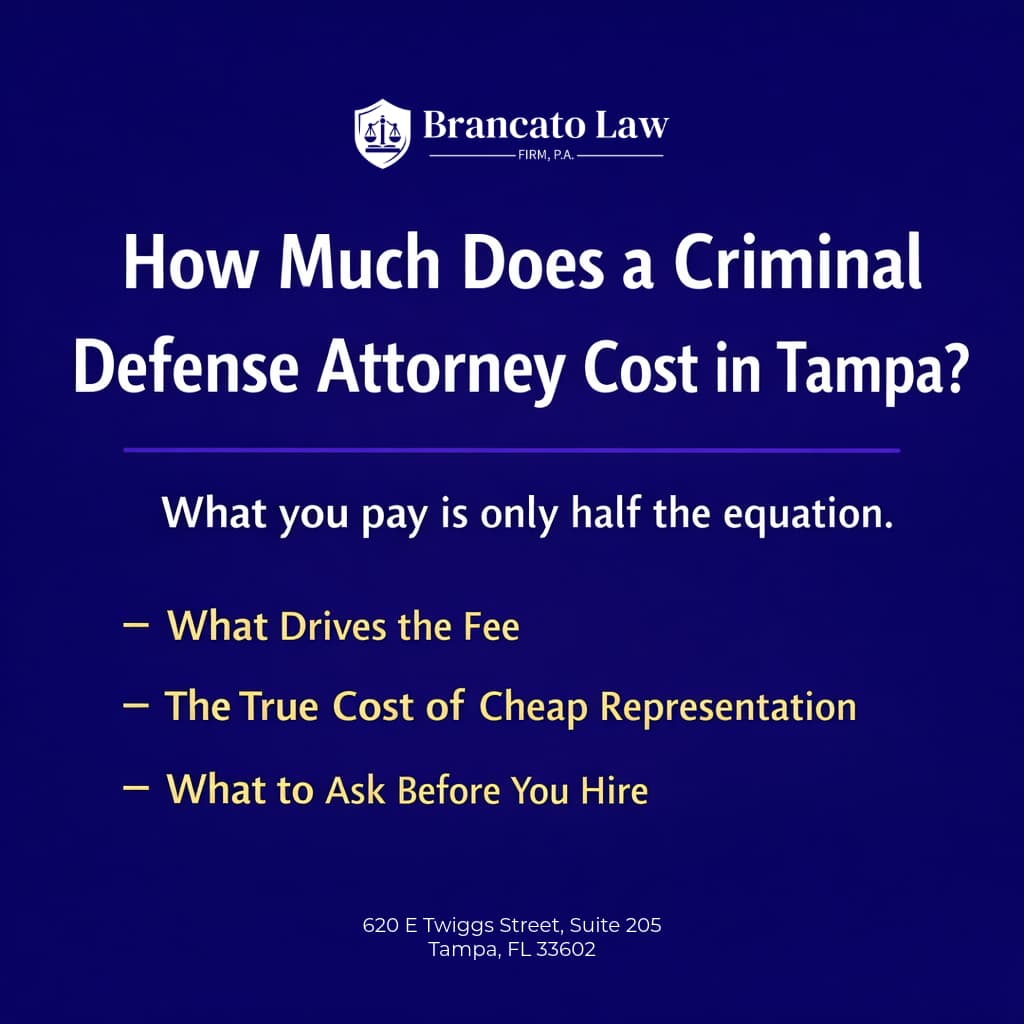 Cover graphic for an article by Tampa criminal defense attorney Rocky Brancato of The Brancato Law Firm, P.A. titled How Much Does a Criminal Defense Attorney Cost in Tampa, covering what drives criminal defense fees, the true cost of cheap representation, and what questions to ask before hiring an attorney.