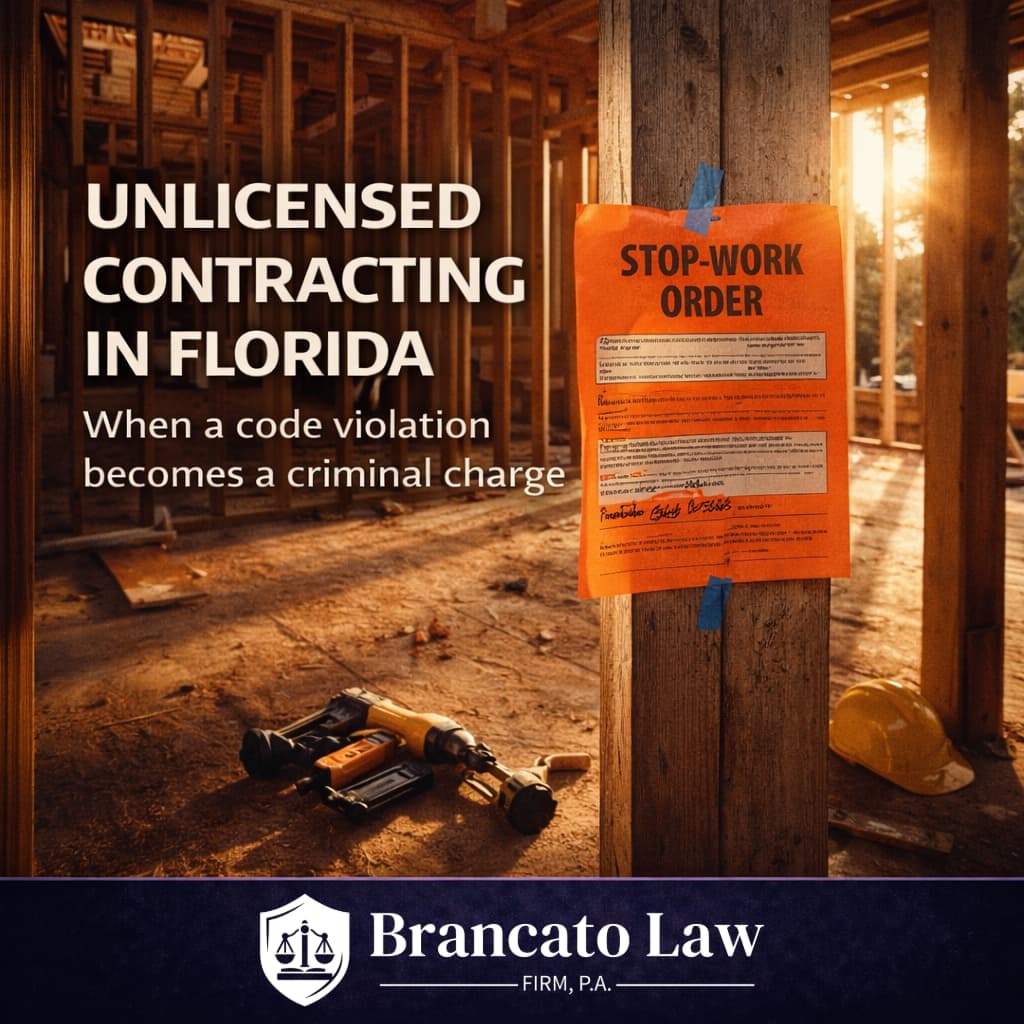 Featured image for a guide on unlicensed contracting criminal penalties in Florida by Tampa criminal defense attorney Rocky Brancato of The Brancato Law Firm, P.A. A partially constructed residential structure with an orange stop-work order posted on exposed framing and abandoned construction tools on the subfloor, representing a project shut down by DBPR enforcement action under Florida Statute 489.127.