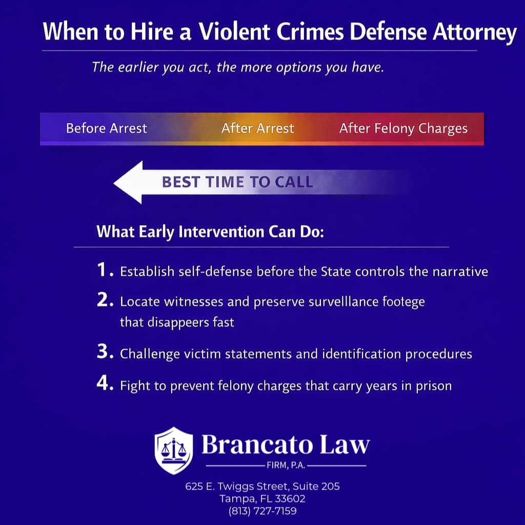 Infographic by Tampa violent crimes defense attorney Rocky Brancato of The Brancato Law Firm, P.A. showing when to hire a violent crimes defense attorney. A gradient timeline bar illustrates that hiring an attorney before arrest provides the most options, including establishing self-defense early, locating witnesses and preserving surveillance footage, challenging victim statements and identification procedures, and fighting to prevent felony charges.