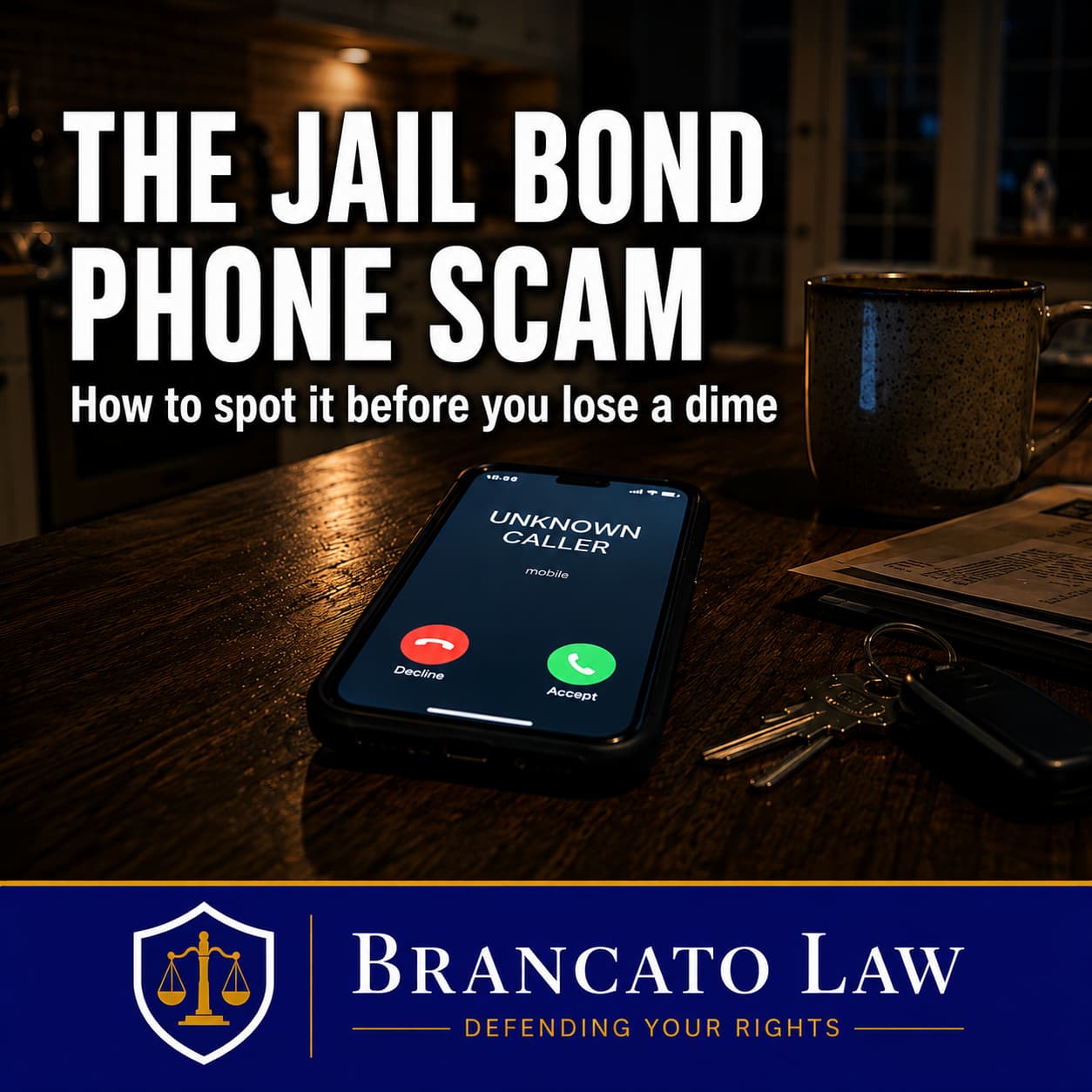 Featured image for a guide on the Hillsborough County jail bond phone scam by Tampa criminal defense attorney Rocky Brancato of The Brancato Law Firm, P.A. A smartphone on a table at night showing a call from an unknown caller, representing the scam in which a caller posing as a deputy demands cash bond from a frightened family.