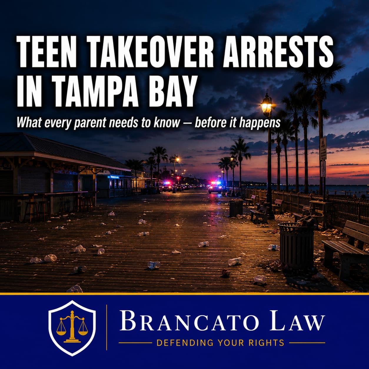 Featured image for a parent's guide to teen takeover arrests in Tampa Bay by Tampa criminal defense attorney Rocky Brancato of The Brancato Law Firm, P.A. An empty beach boardwalk at dusk with distant emergency lights, representing the aftermath of a teen takeover event where young people face arrest under Florida's affray statute and the risk of gun violence.