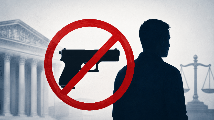 Convicted felon silhouette beside a handgun covered by a red prohibition symbol, with a courthouse and scales of justice in the background.
