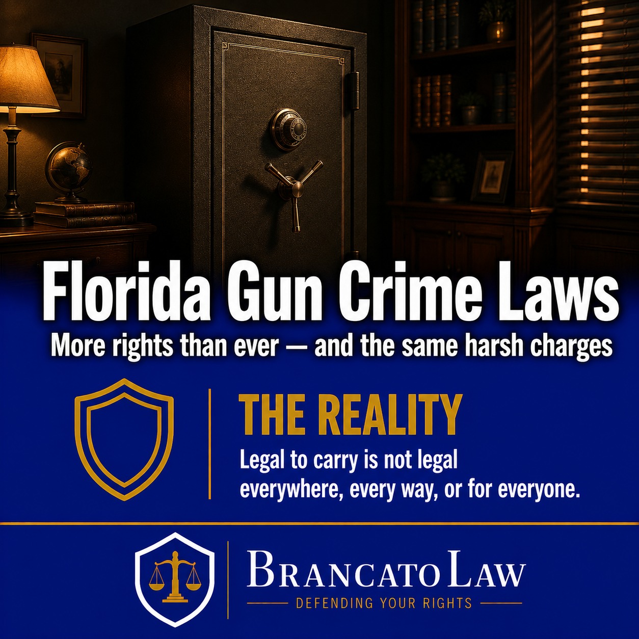 Cover graphic for a guide to Florida gun crime laws in 2026, explaining that expanded carry rights did not eliminate the state's harsh firearm charges, from The Brancato Law Firm, P.A. in Tampa.