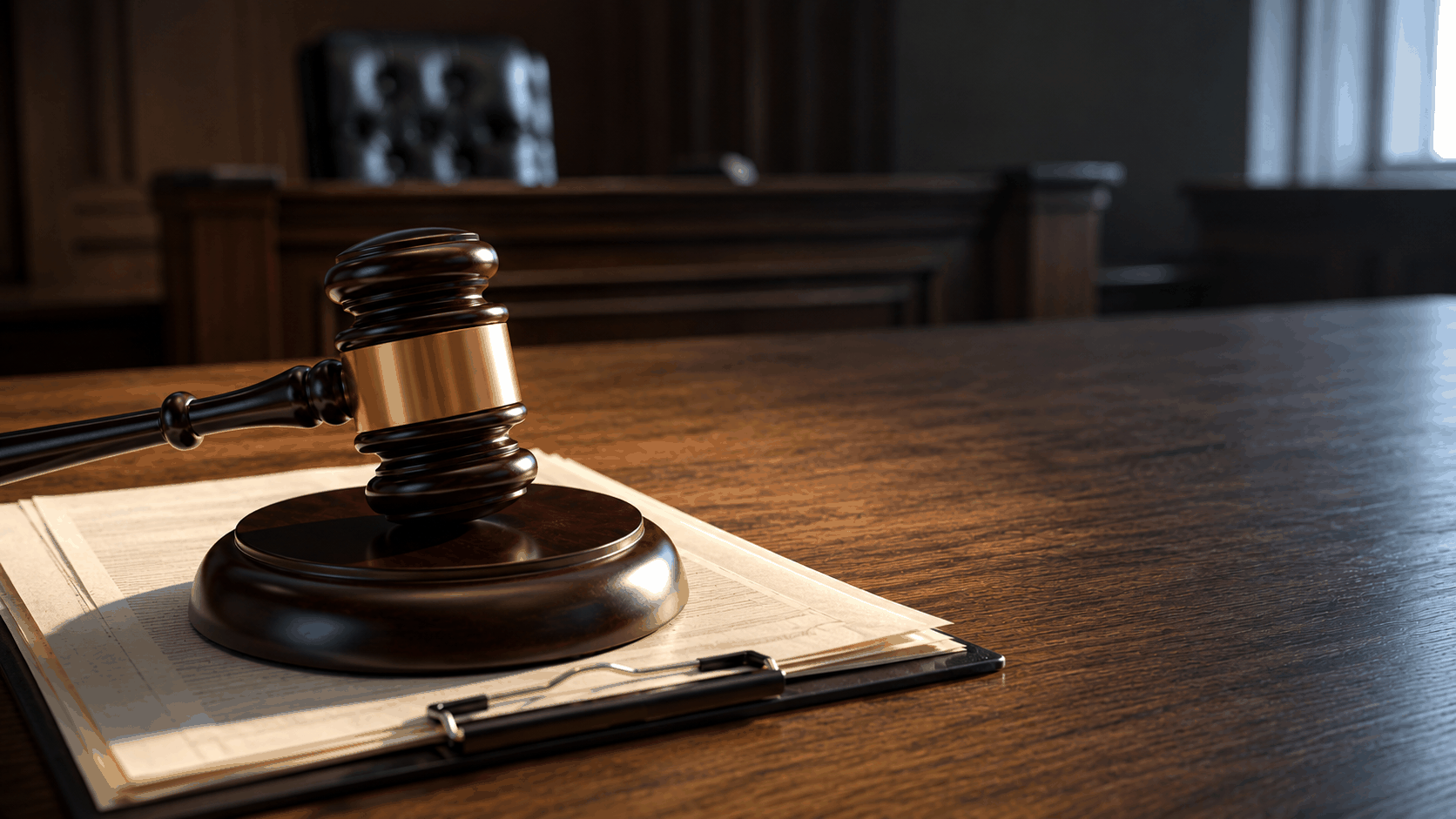 Alt text: Wooden gavel resting on legal documents in a courtroom, representing Florida risk protection order proceedings.