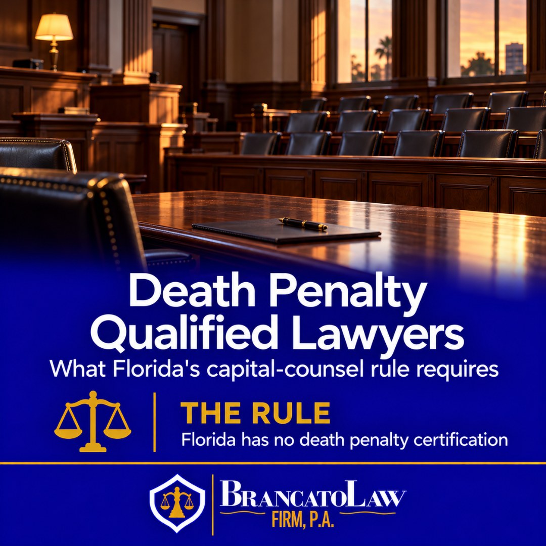 Death penalty qualified lawyer in Florida graphic explaining that Florida has no death penalty certification and that capital counsel must meet Rule 3.112, from The Brancato Law Firm