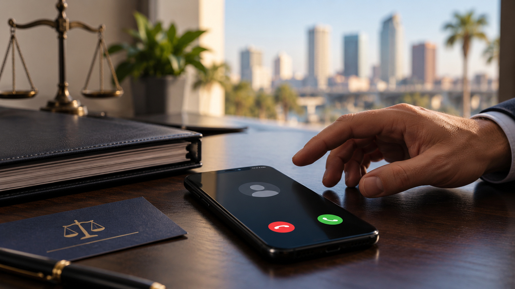 A smartphone receiving an incoming call on a criminal defense attorney’s desk, with a hand hovering above the phone.
