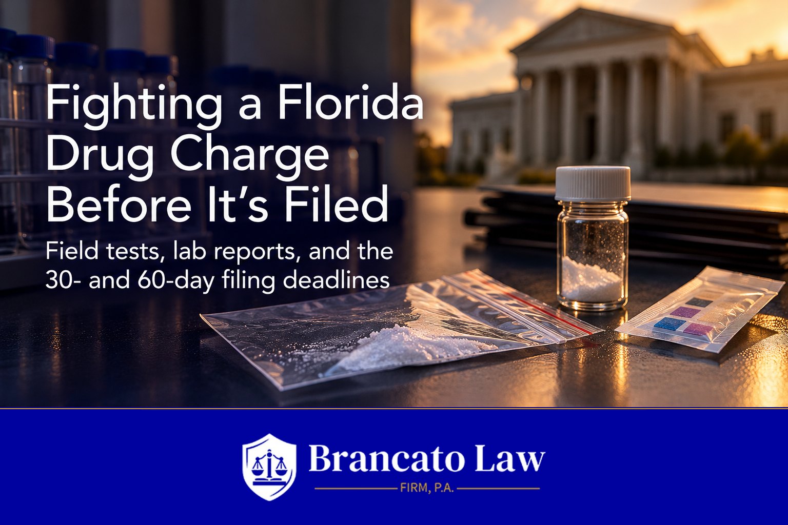Cover graphic: fighting a Florida drug charge before it is filed, covering field tests, lab reports, and filing deadlines