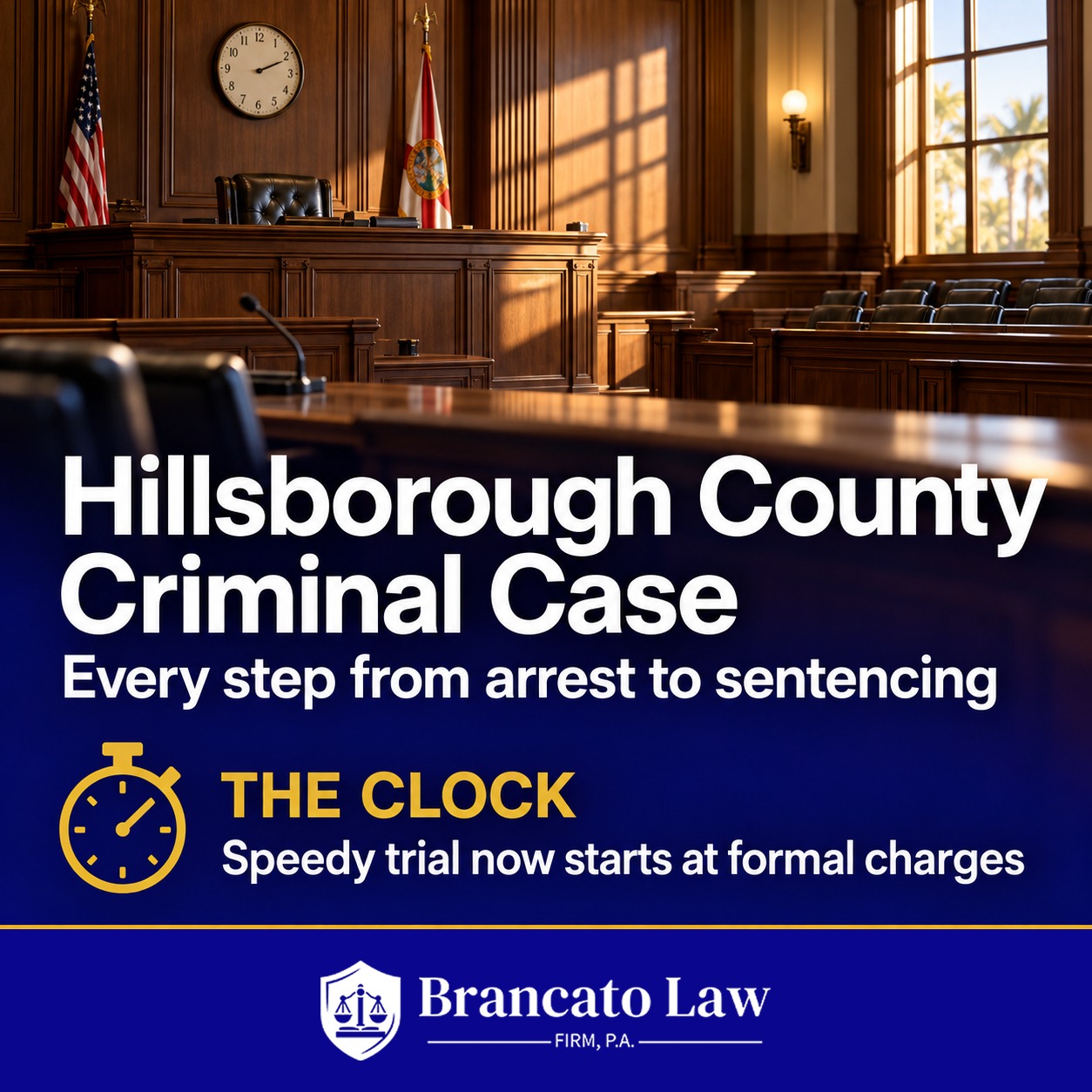 Hillsborough County criminal case steps from arrest to sentencing, with Florida's speedy trial clock now starting at formal charges, by The Brancato Law Firm