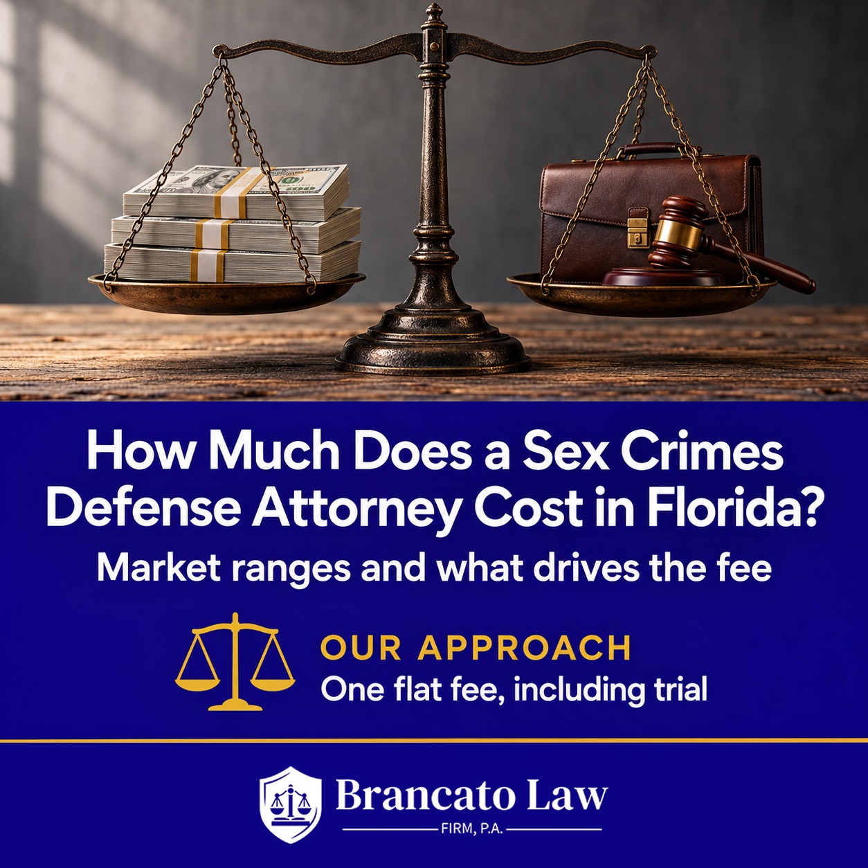 Cover graphic asking how much a sex crimes defense attorney costs in Florida, with market ranges and what drives the fee, from The Brancato Law Firm, P.A., which charges one flat fee including trial