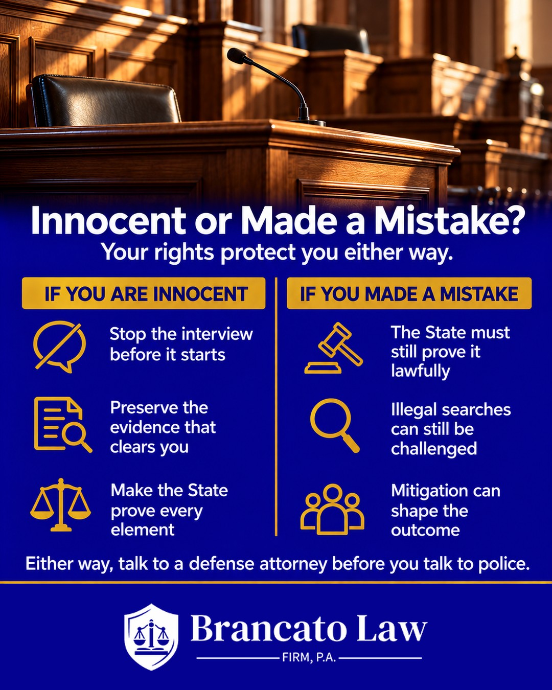 Infographic by The Brancato Law Firm, P.A., a Tampa criminal defense firm, comparing how a defense attorney protects you if you are innocent and if you made a mistake. If you are innocent: stop the interview before it starts, preserve the evidence that clears you, make the State prove every element. If you made a mistake: the State must still prove it lawfully, illegal searches can still be challenged, and mitigation can shape the outcome.