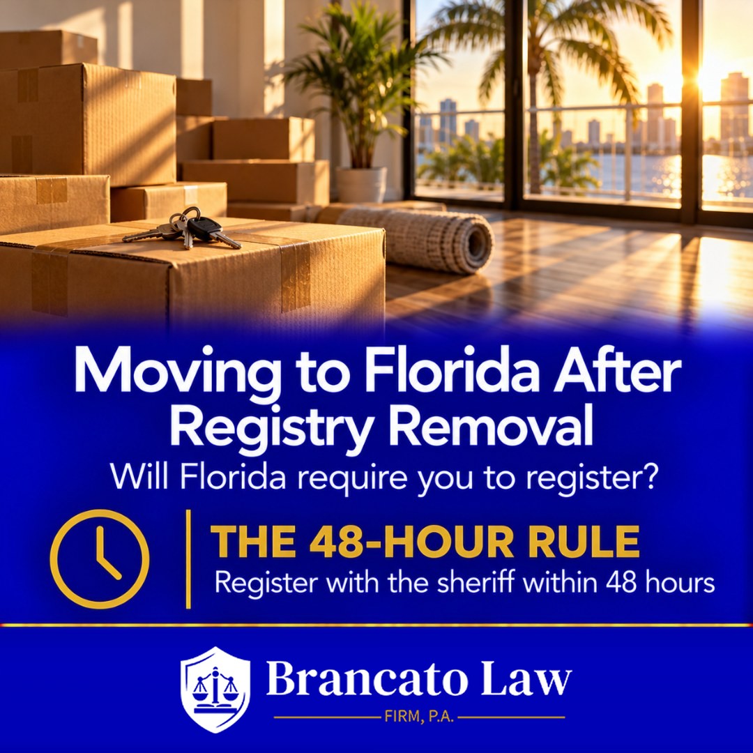 Cover graphic for The Brancato Law Firm, P.A. guide by Tampa criminal defense attorney Rocky Brancato on moving to Florida after sex offender registry removal in another state. Moving boxes in an empty Florida apartment, with the rule that a sexual offender must register with the county sheriff within 48 hours of establishing a Florida residence.
