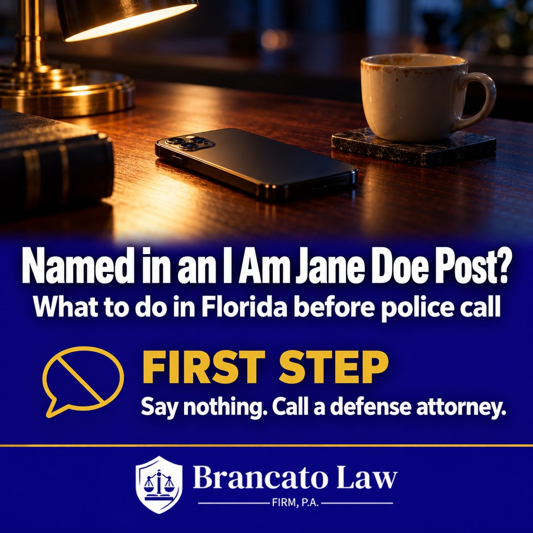 Cover graphic: named in an I Am Jane Doe post in Florida, first step is to say nothing and call a sex crimes defense attorney, from The Brancato Law Firm, P.A.