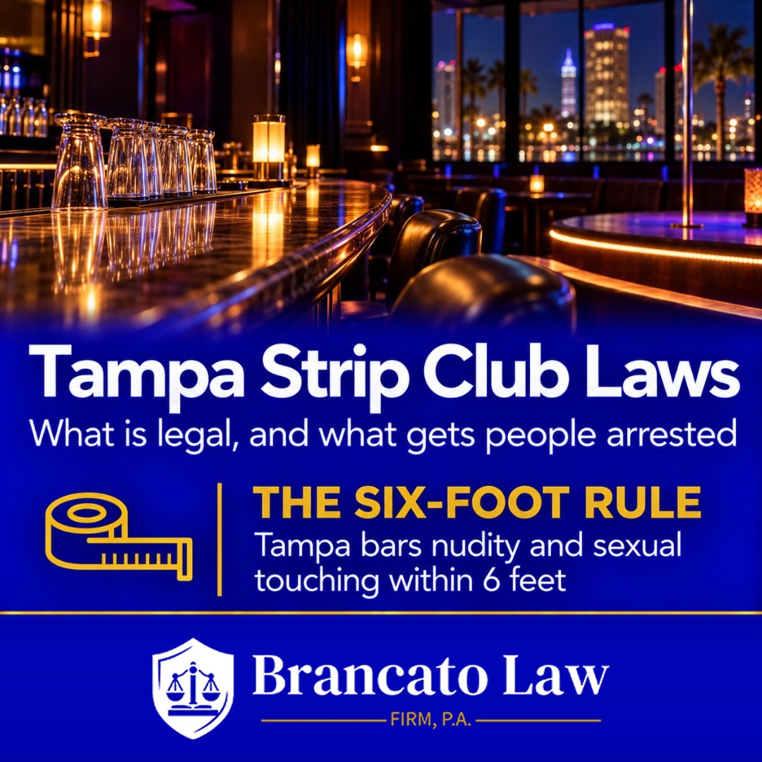 Cover graphic for Tampa strip club laws from The Brancato Law Firm, P.A.: Tampa City Code section 14-148 bars nudity and sexual touching within 6 feet of another person inside an adult club.