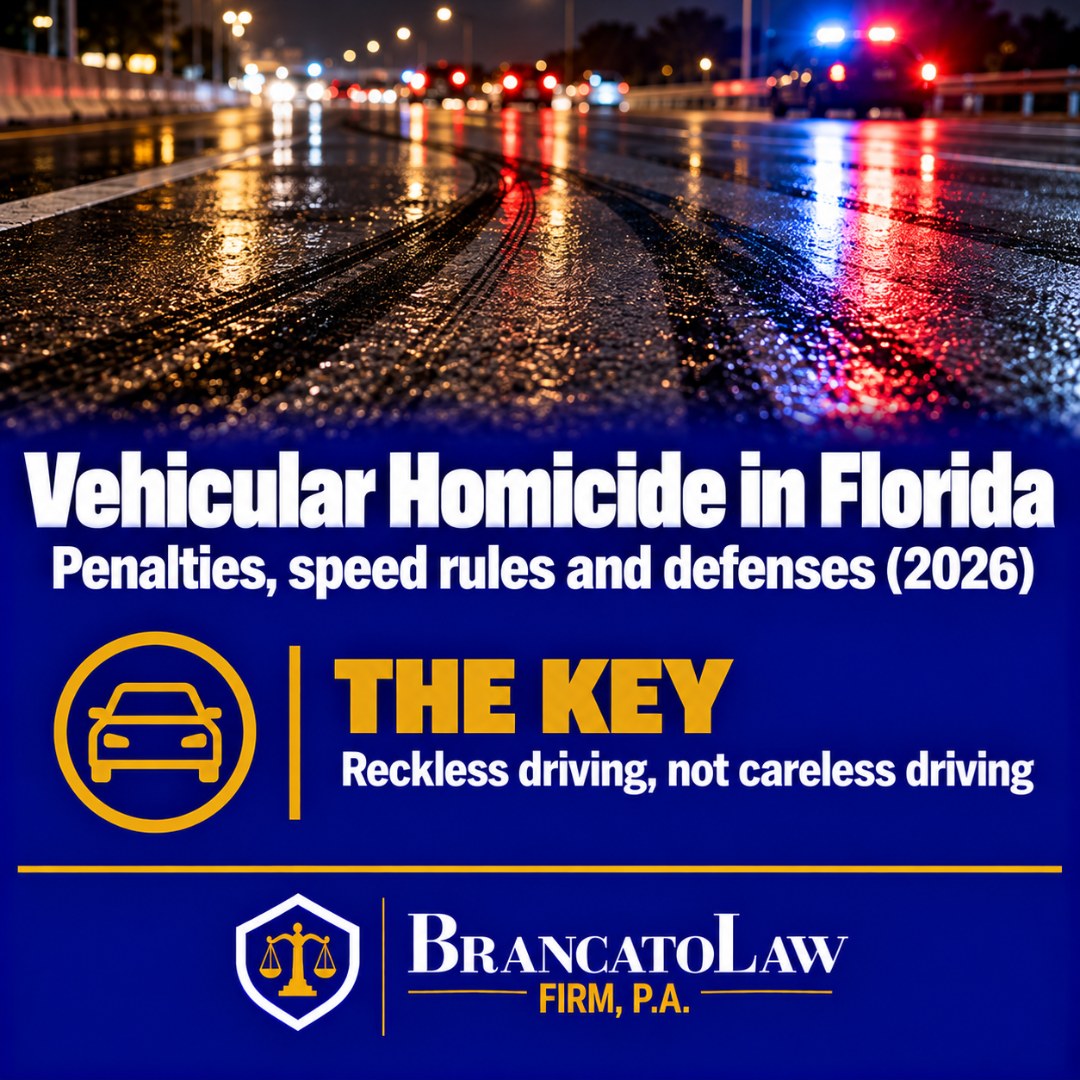 Cover graphic: what is vehicular homicide in Florida in 2026, a death caused by reckless rather than careless driving under section 782.071, with penalties, speed rules, and defenses. The Brancato Law Firm, P.A., Tampa criminal defense.