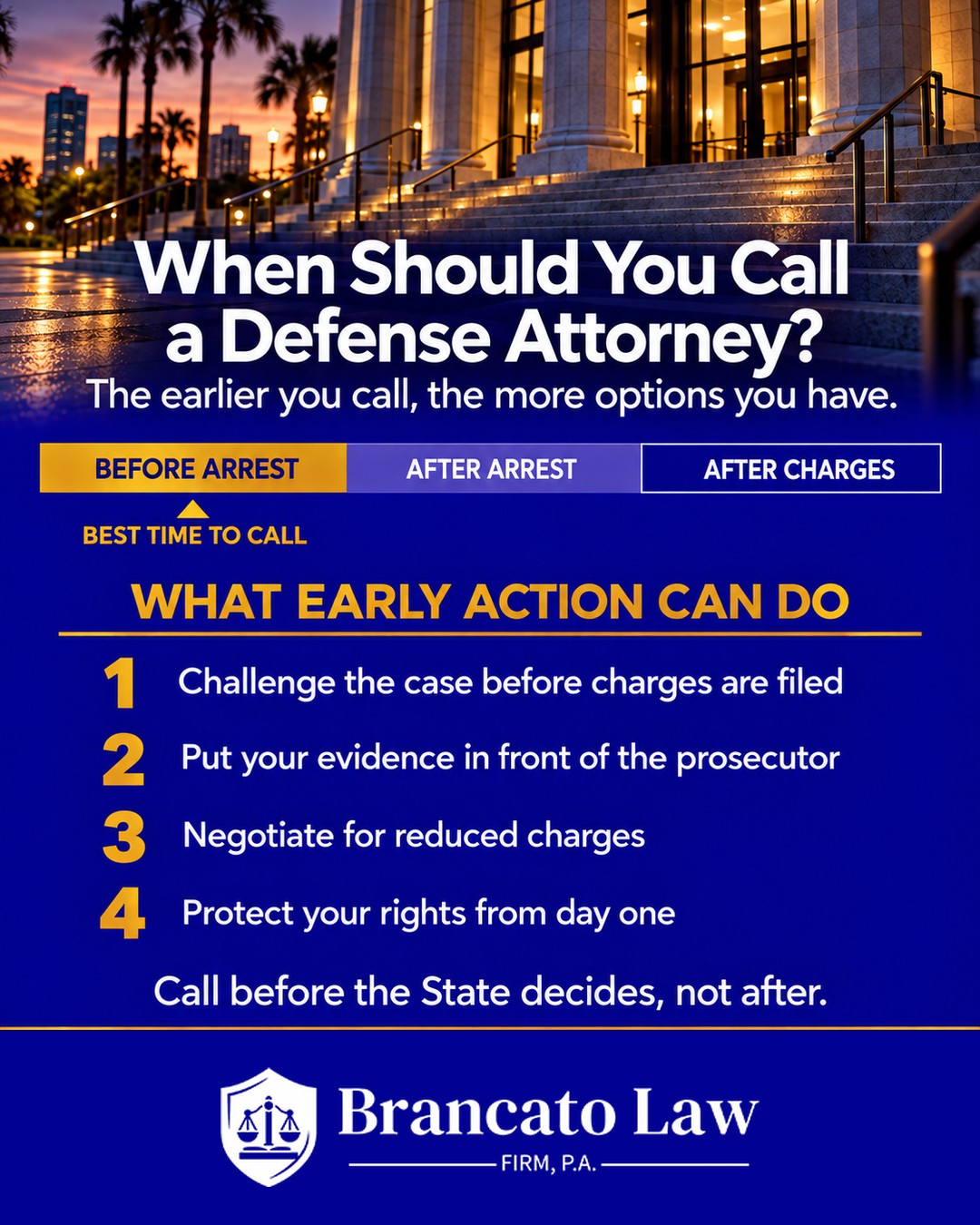 Infographic by The Brancato Law Firm, P.A., a Tampa criminal defense firm, showing when to call a criminal defense attorney in Tampa. A three-stage bar marks before arrest, after arrest, and after charges, with before arrest marked as the best time to call. Early action can challenge the case before charges are filed, put the defense evidence in front of the prosecutor, negotiate for reduced charges, and protect your rights from day one.